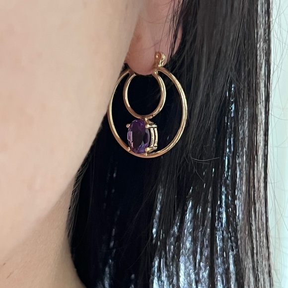 14k Solid Gold Amethyst Double Hoop  Earrings - Picture 14 of 15